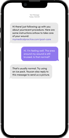 Klara Post-Visit Follow Up Text message including instructions for wound care
