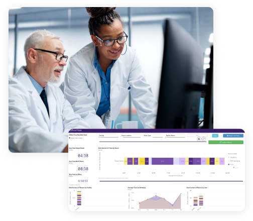 An image of two physicians at a computer + An image of our software with practice stats
