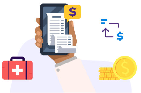 Illustration of a hand holding a cell phone with money and healthcare icons. 