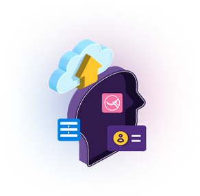 Illustration of a human head with business icons.