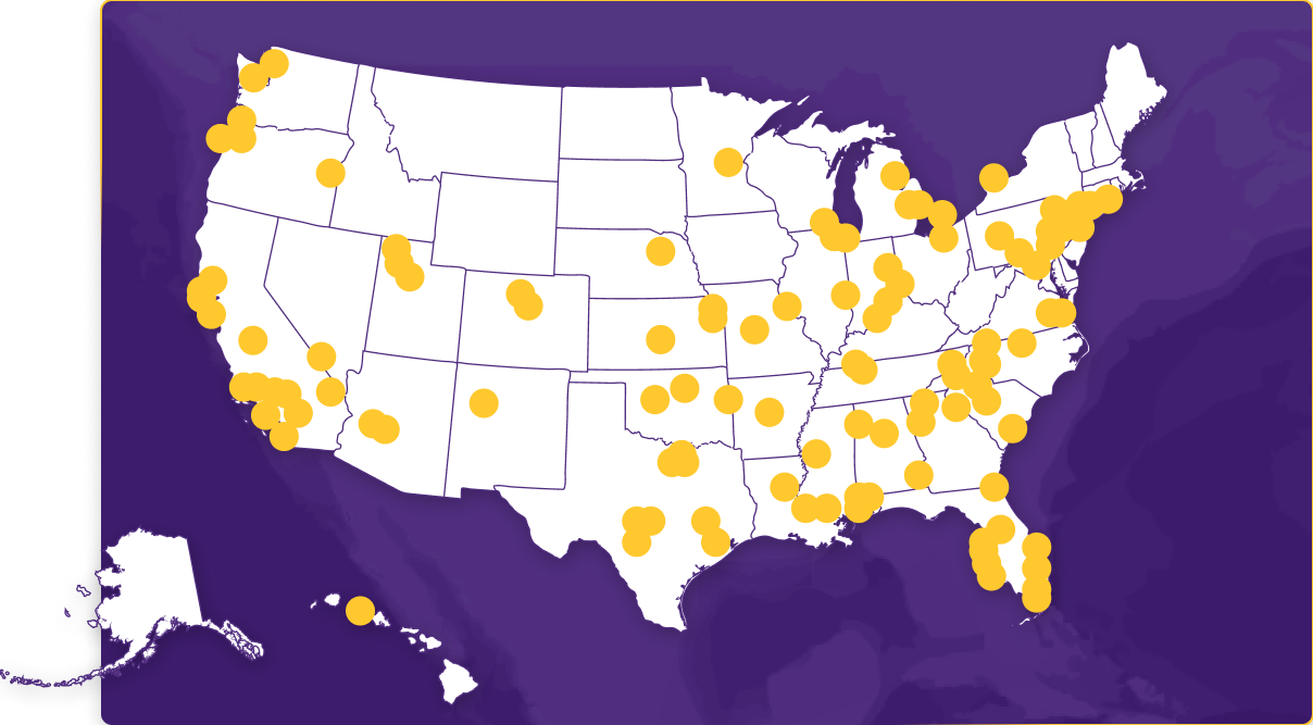 Map of the United States showing pins where ModMed Plastic Surgery practices are located. 