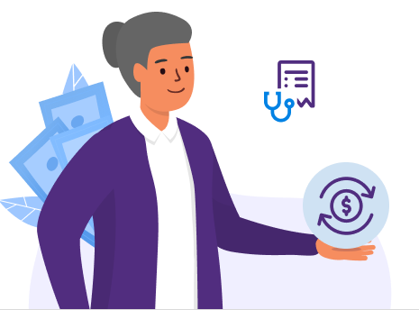 Illustration of a female, middle-aged professional surrounded by icons showing a dollar sign, stethoscope and money. 