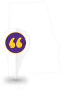 Graphic of the state of Alabama with a map pin marker and quotation marks