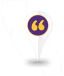 Graphic of the state of California with a map pin marker and quotation marks
