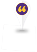 Graphic of the state of Colorado with a map pin marker and quotation marks