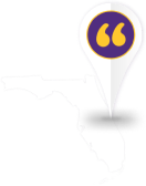 Graphic of the state of Florida with a map pin marker and quotation marks