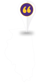 Graphic of the state of Illinois with a map pin marker and quotation marks
