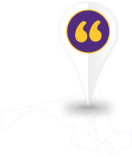 Graphic of the state of Maryland with a map pin marker and quotation marks