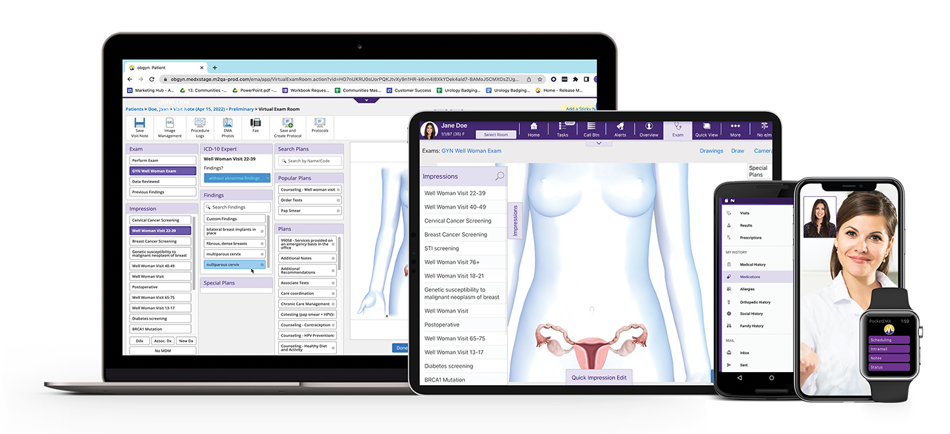 ModMed OBGYN, seen on browser, iPad, smartphones and Apple Watch