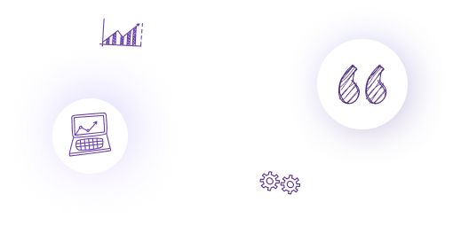 A set of icons that includes a computer, bar graph, gears and quotemarks. A set of icons that includes a computer, bar graph, gears and quotemarks.