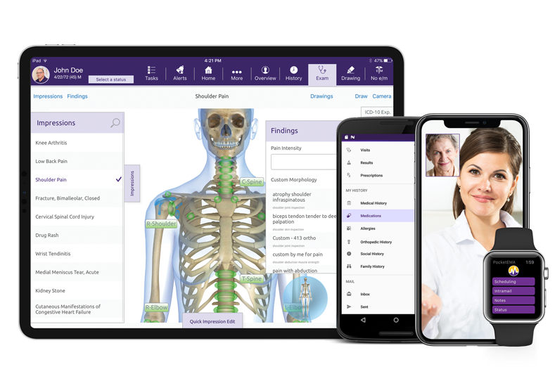 ModMed Orthopedics software suite on iPad, iPhone, Android phone, and Apple Watch