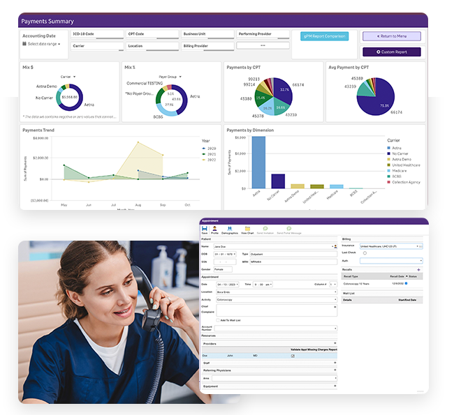 Smiling clinician on the phone and screenshots of appointment scheduling software
