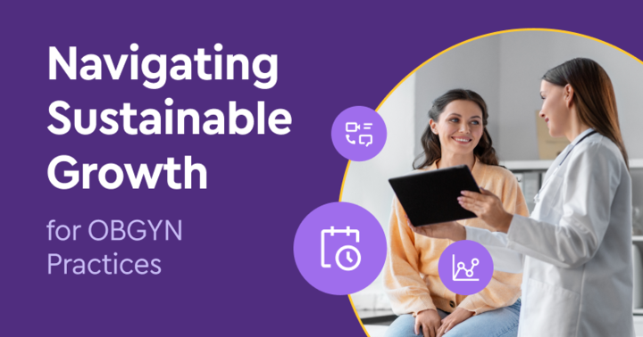 Healthcare professional discussing growth strategies with a patient, representing sustainable growth for OBGYN practices, with icons symbolizing scheduling, communication, and analytics on a purple background.