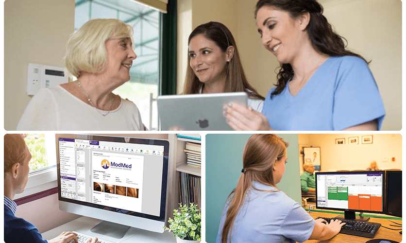 Images of patient and clinicians interacting with EHR software on iPad and desktop