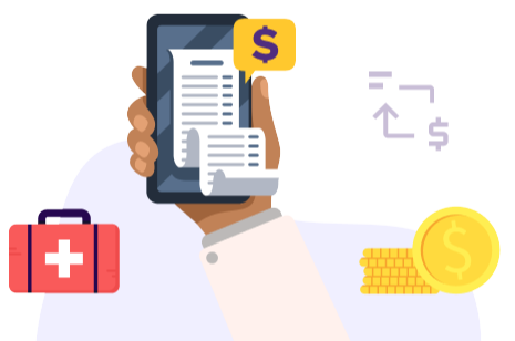 Illustration of a hand holding a cell phone with money and healthcare icons.