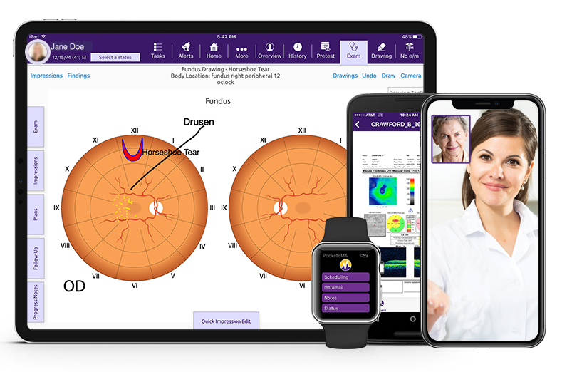 ModMed Ophthalmology software suite on iPad, iPhone, Android phone, and Apple Watchl
