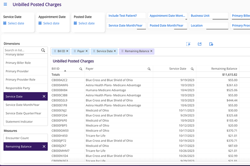 Unbilled_Posted ModMed Analytics visual for ENT - Unbilled Posted Charges