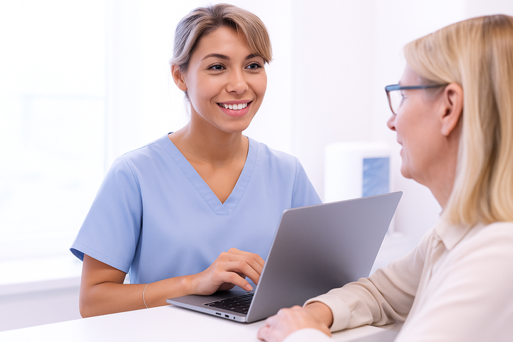 Patient speaking with healthcare professional using practice management software to schedule appointments, track product sales, and streamline dermatology workflows