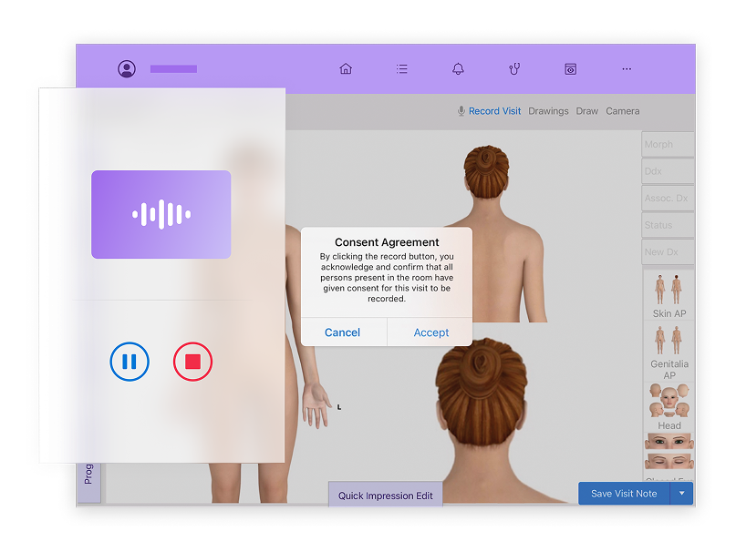 A screenshot from ModMed’s ambient listening solution’s consent agreement, ensuring patients are onboard with AI technology