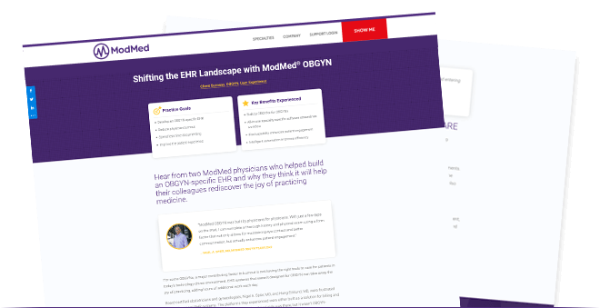 Image of a web page showing case study about two physicians who helped build ModMed’s OBGYN-specific EHR 