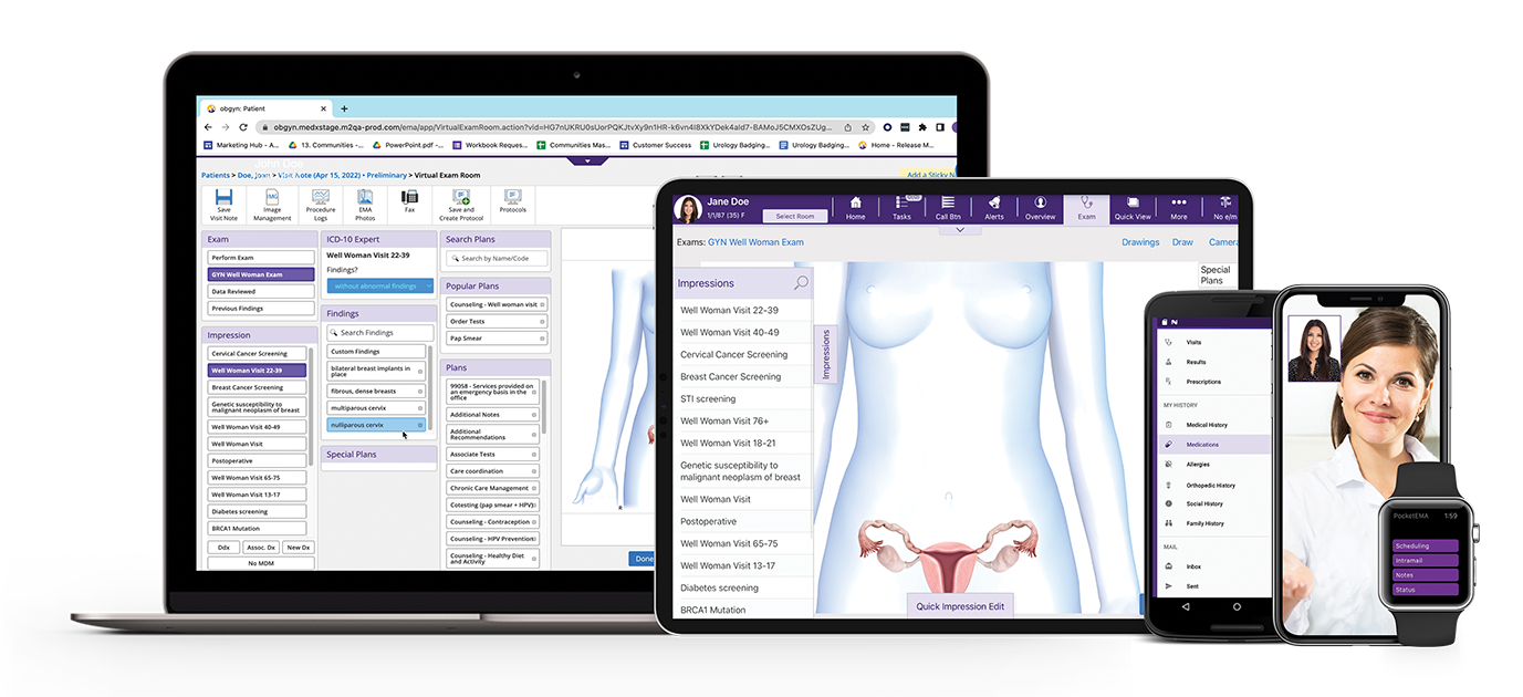 Image of ModMed OBGYN software being displayed on a computer, iPad, smartphone and smartwatch