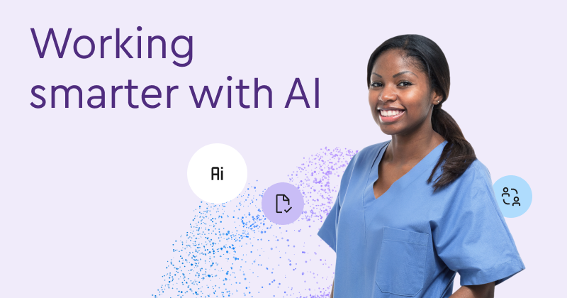 A smiling healthcare worker in blue scrubs stands against a light purple background with the text "Working smarter with AI".
