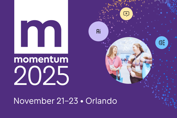 Momentum 2025 conference, November 21–23 in Orlando, with logo, icons, and attendees.