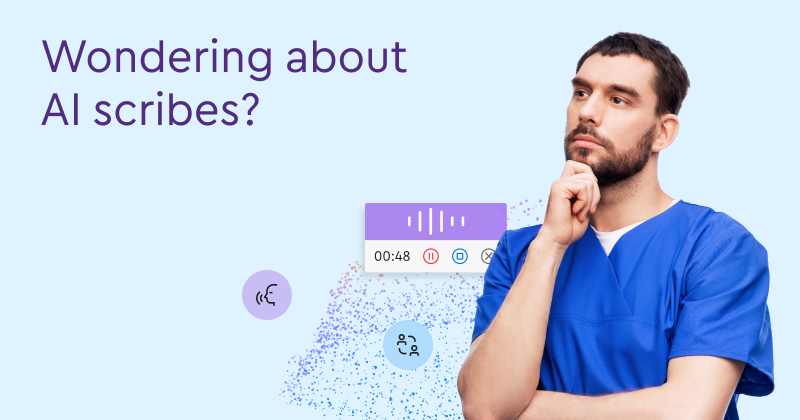 A healthcare professional in scrubs looks thoughtful while considering the use of an AI medical scribe technology