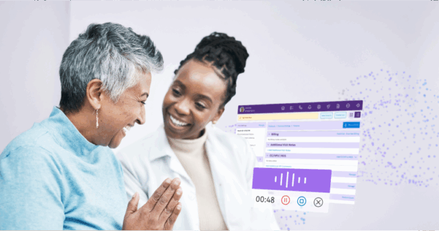 A physician connects with a patient; an EHR overlay shows an AI scribe capturing the exchange to help streamline documentation.