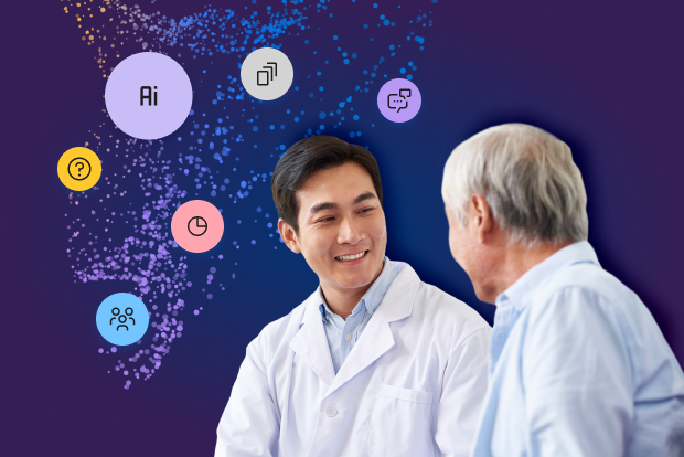 A male doctor wearing a white lab coat smiles while speaking with an older male patient with gray hair. The background is a dark purple gradient with a cloud of multi-colored dots and several floating icons in circles.