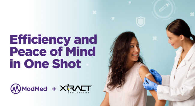 A graphic for ModMed's EHR shows a physician and patient, with text 'Efficiency and Peace of Mind in One Shot'.