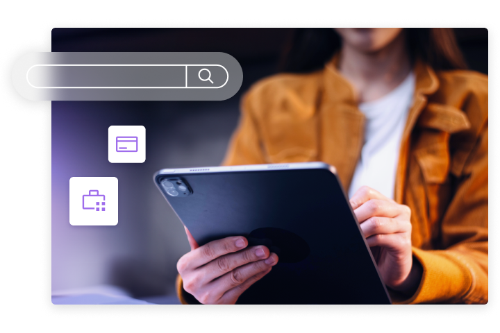 A staff member holds a tablet, using a centralized procurement platform to compare prices and reorder supplies for the practice.