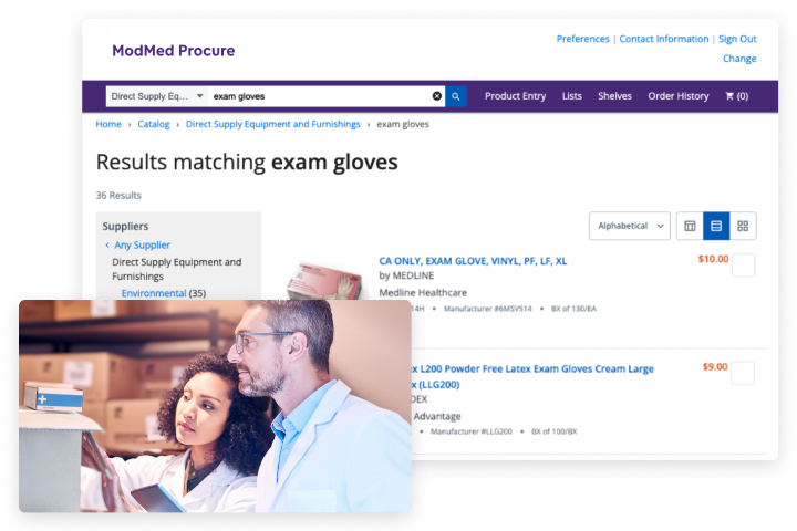 A male physician and a female colleague review inventory in a supply closet, using a tablet connected to their EHR.