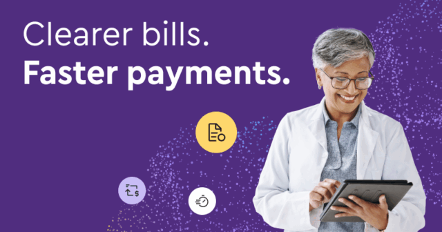 A smiling office manager reviews paid eStatements on an iPad.