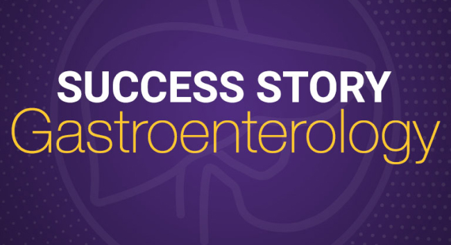 Text that reads, “Success Story Gastroenterology” on a purple background.