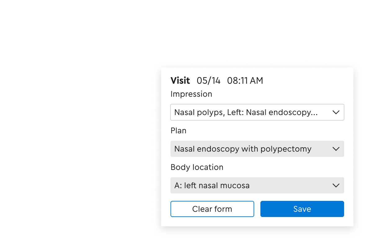 A screenshot of an EHR shows an annotation on an anatomical chart of nasal polyps saved to the patient's visit plan.