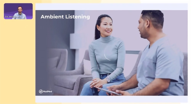 An image of someone from a webinar panel discussing Ambient Listening. There is an image of a patient and a doctor holding an iPad on the slide image.