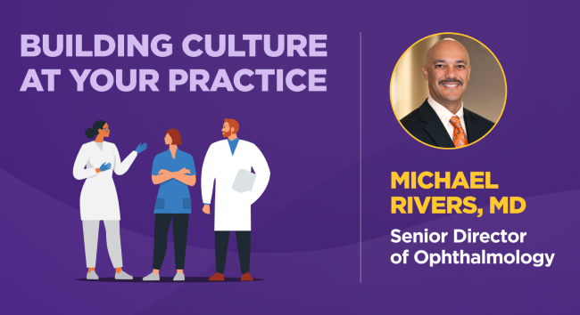 An illustration of practice staff, along with a headshot of Dr. Rivers.