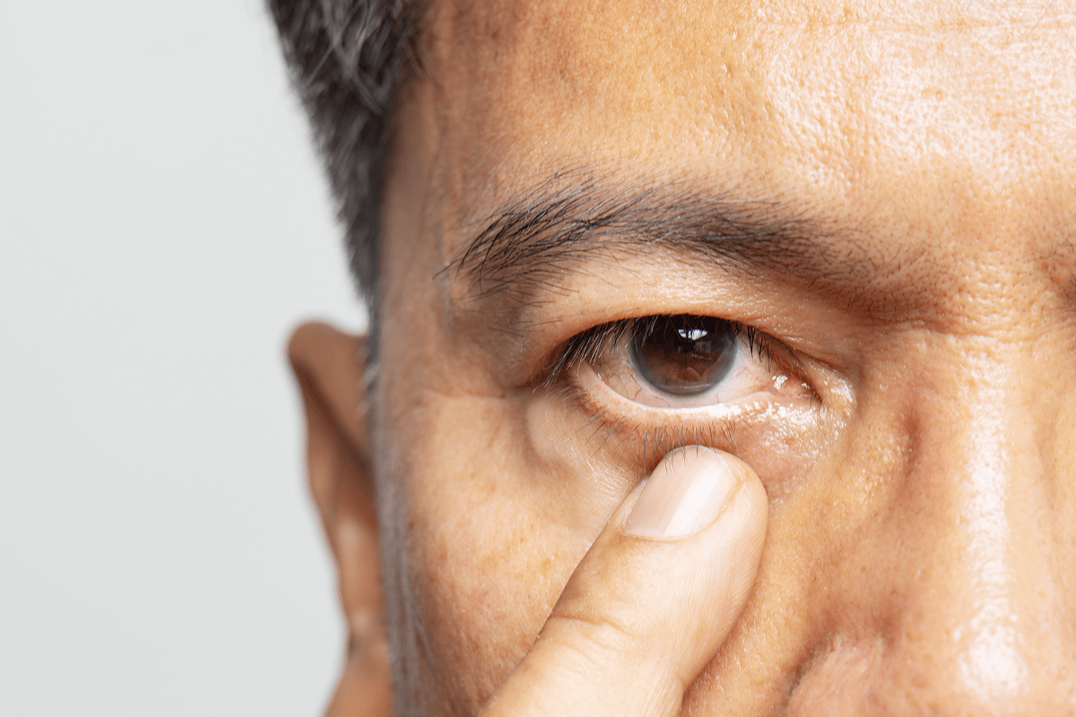 A zoomed-in shot of a man’s right eye.