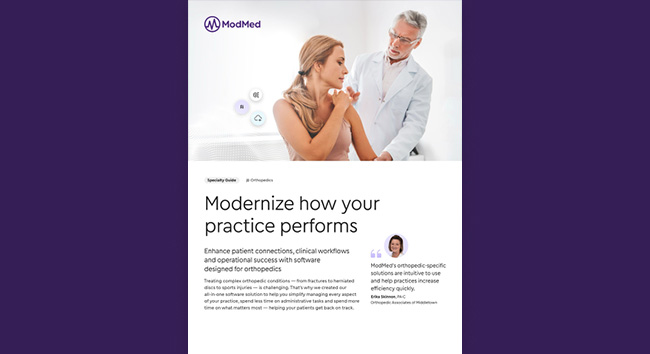 An image from a ModMed guide showing an orthopedic physician and patient, promoting the benefits of an all-in-one EHR.
