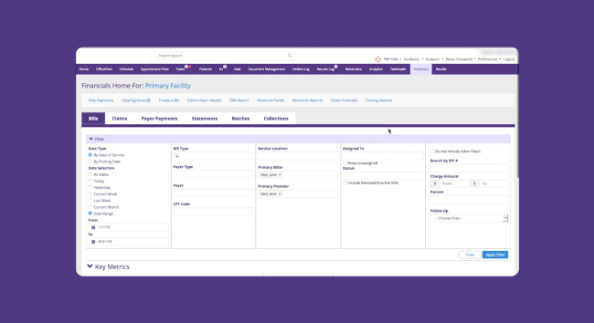 A detailed view of a practice’s billing and financial management system within the all-in-one ModMed software platform.