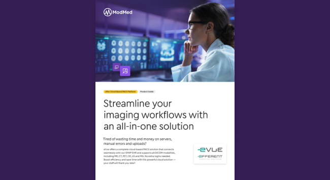 An image from a ModMed guide showing a physician using an all-in-one imaging and EHR solution to streamline workflows.
