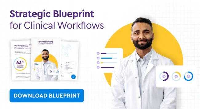 Image of a guide, "Strategic Blueprint for Clinical Workflow Success", showing provider in a lab coat.