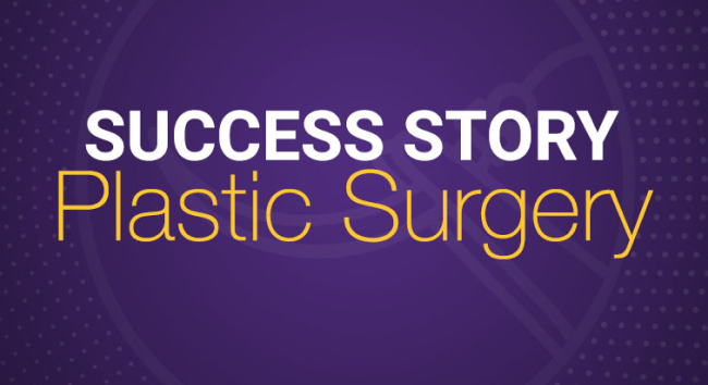 Text that reads, “Success story: Plastic Surgery” on a purple background.