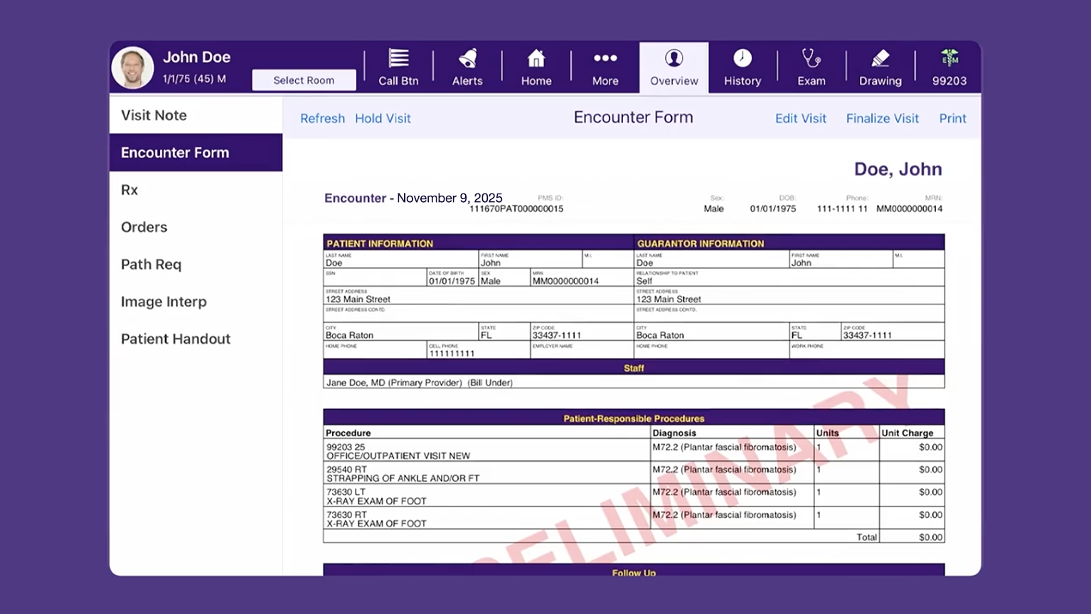 EHR screengrab with suggested notes and medical coding