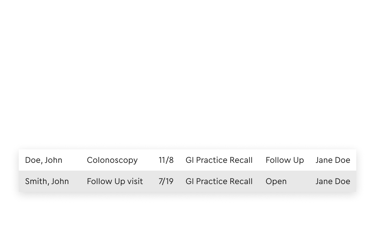 A shot of our GI-specific software system showing how the user can track and manage patient recalls in one place.