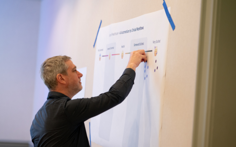 A MOMENTUM attendee adds feedback to a poster on a wall during a DesignLabs session.
