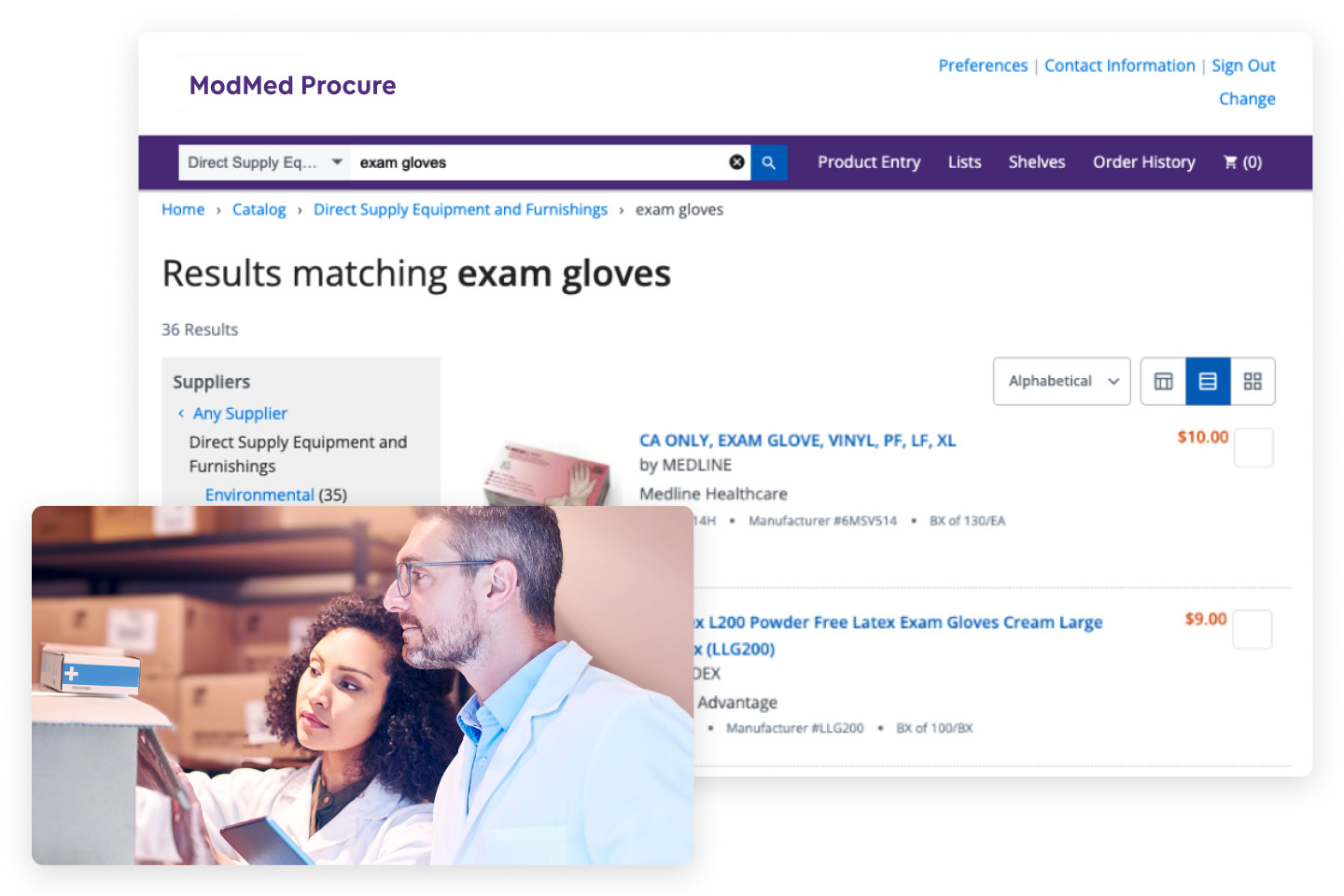 An image of two doctors and a screen that says, "Results matching exam gloves." Suppliers and prices are also listed.