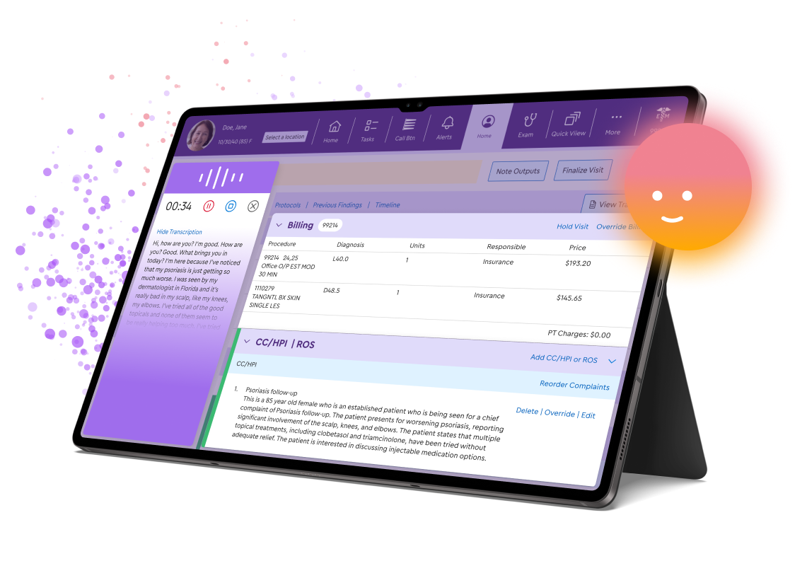  An image of an iPad showing an EHR screen labeled “billing.” Sound waves indicate that ModMed Scribe is recording the patient-doctor conversation.