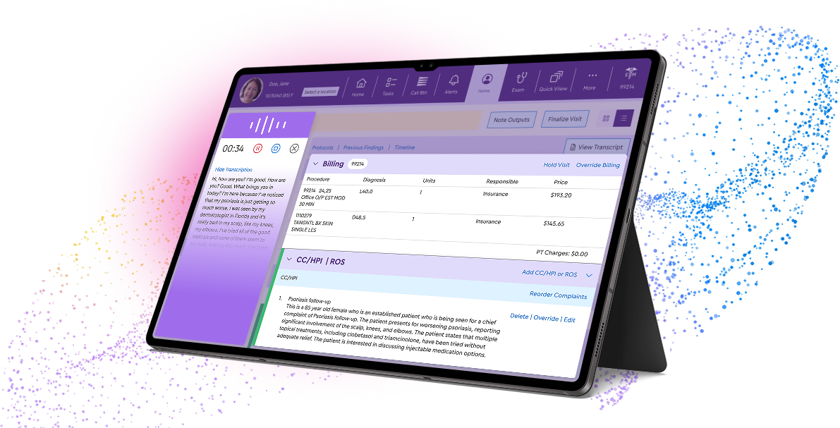 A tablet displaying the medical software. Sound waves show that ModMed Scribe is recording the patient-doctor conversation.